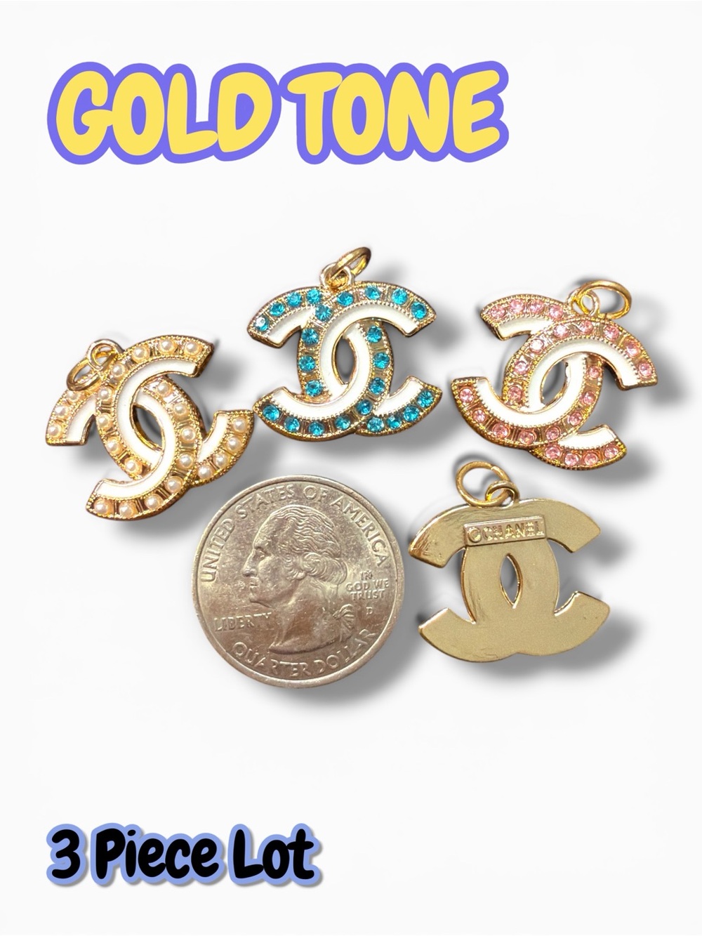 Lot Of 3 CC Gold Tone Zipper Pull Button Charms 22mm